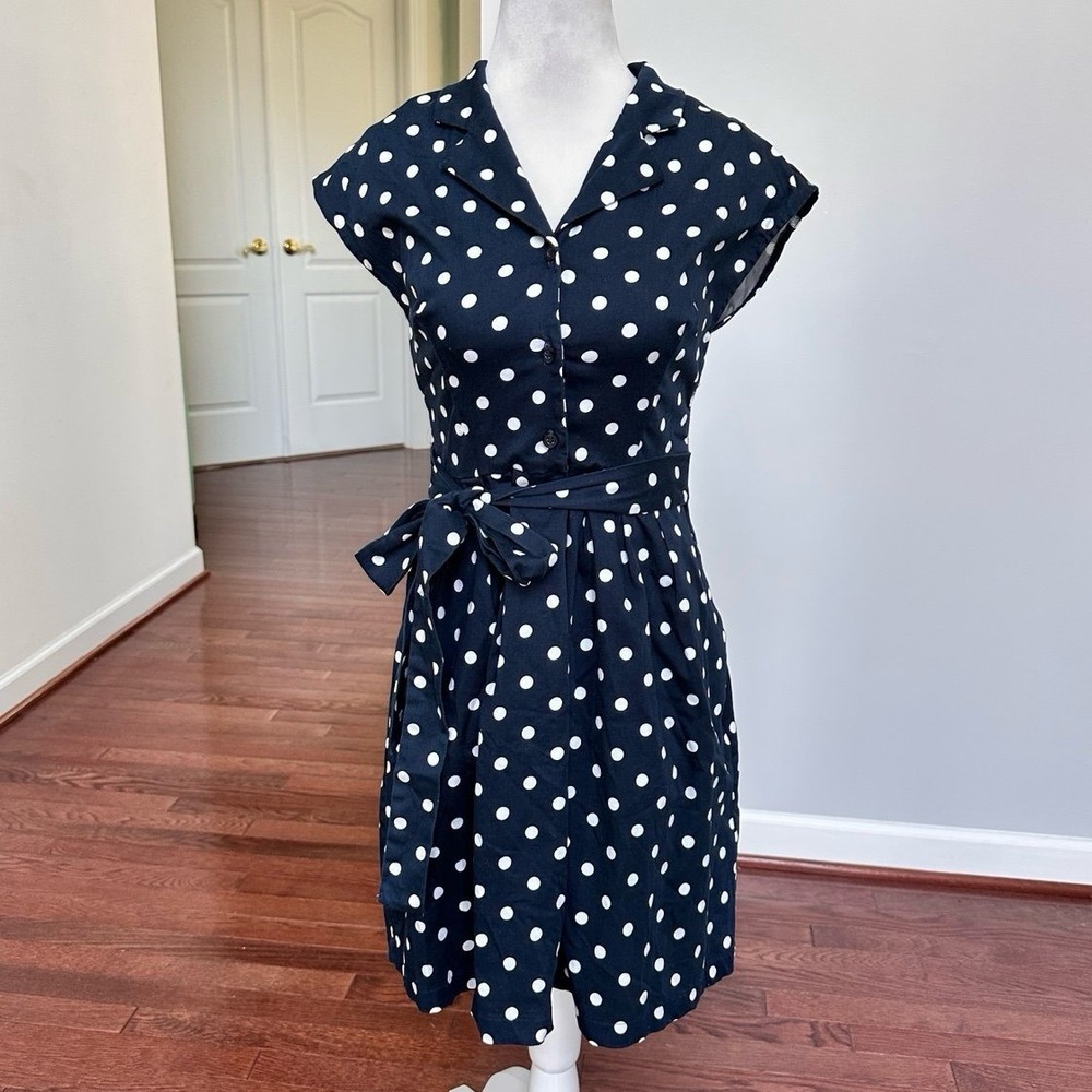 Green Label Lauren Ralph Lauren Navy Blue White Polka Dot Luxury Tie Back Dress